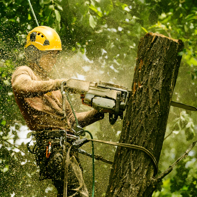 arborist sawing a tree trunk little falls mn
